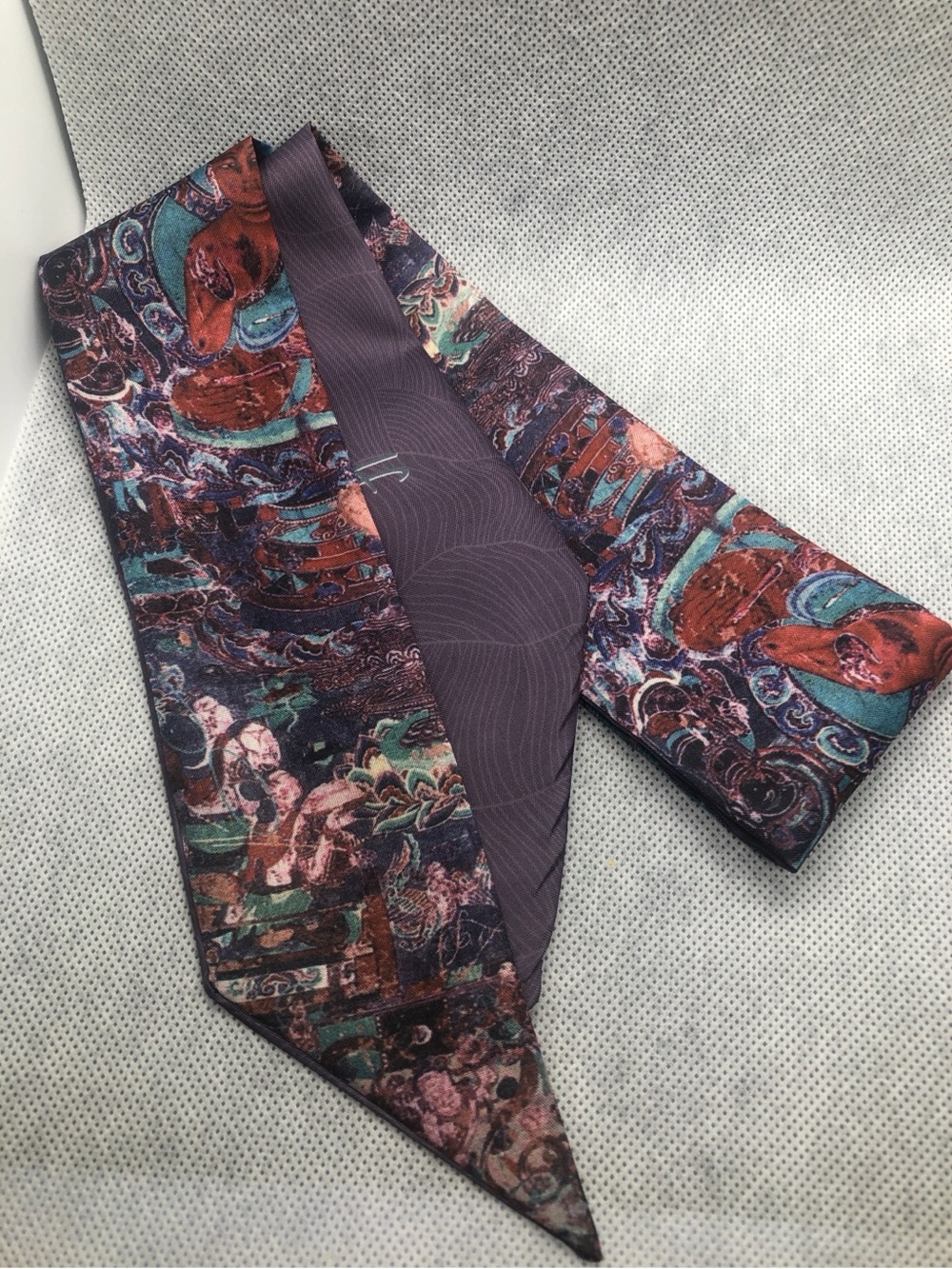 Printed Skinny Scarf Tie in Purple and Teal